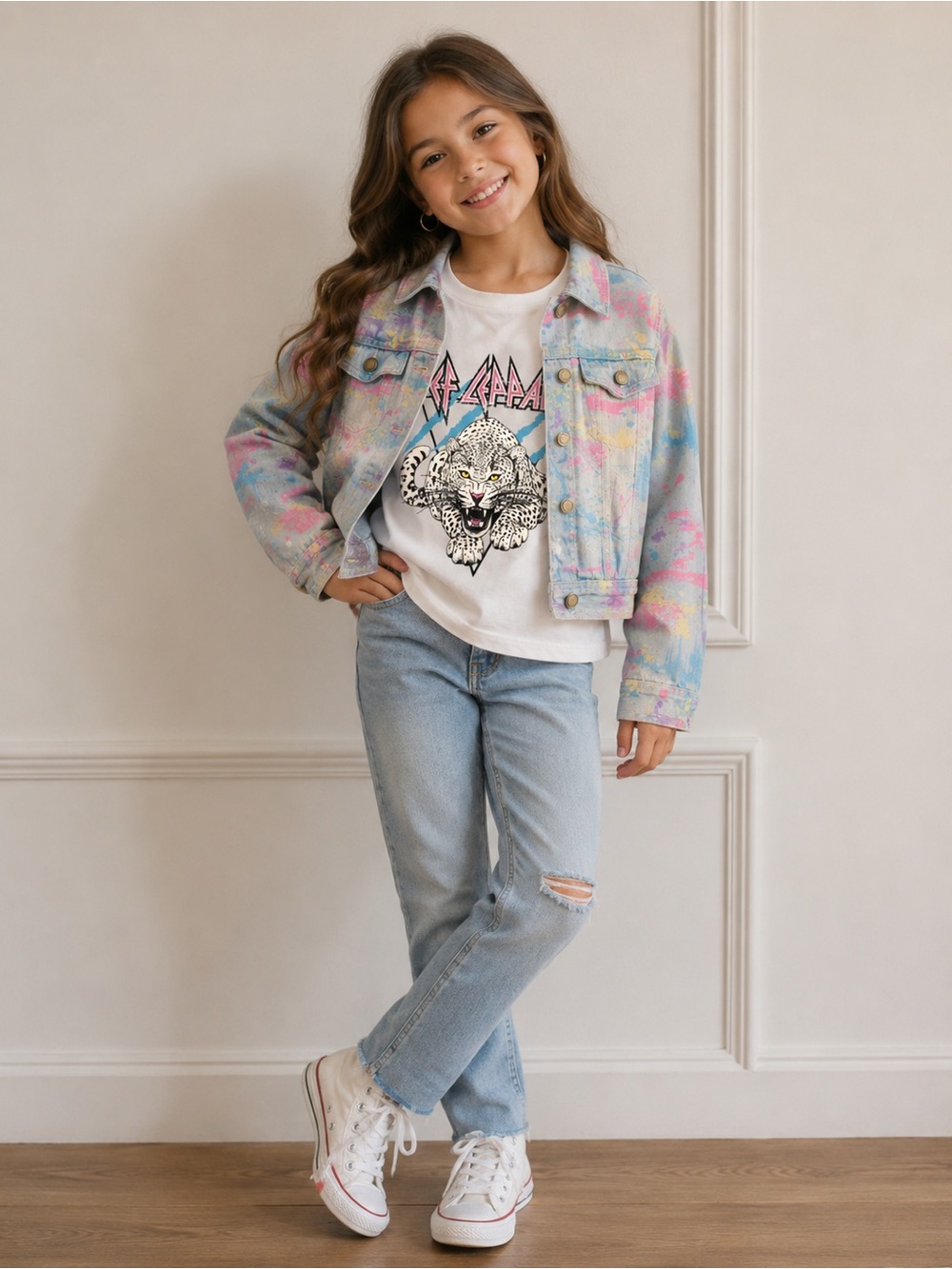 Girls Bundle Paint Splatter Denim Jacket + Def Leppard Graphic Tee (Size 10/12)